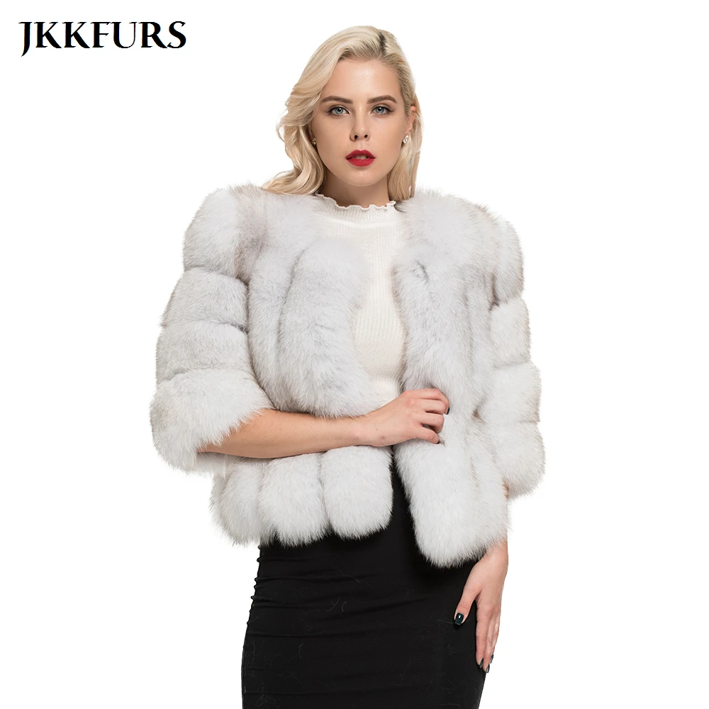 JKKFURS 2021 шуба из натурального Лисьего меха Зимняя теплая укороченная куртка для