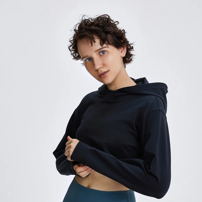

Nepoagym BENEFITS Loose Fit Cropped Hoodie Loopback Material Workout Shirts for Women Long Sleeve Yoga Crop Top