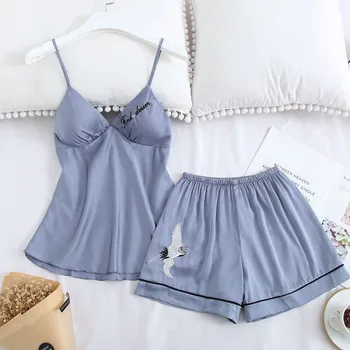 

Women Casual 2PCS Pajamas Suit Chinese Embroidery Nightwear Sexy V-Neck Backless Strap Top&Shorts Sleepwear Rayon Home Clothes