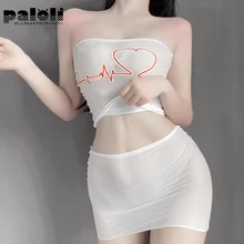 See Through Skinny Women Nurse Uniform Outfit Backless Sweet Lovely Perspective Temptation Tops With Mini Skirt Cosplay Costumes