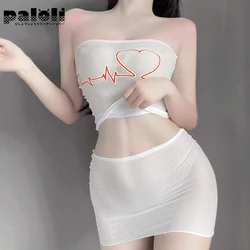 See Through Skinny Women Nurse Uniform Outfit Backless Sweet Lovely Perspective Temptation Tops With Mini Skirt Cosplay Costumes
