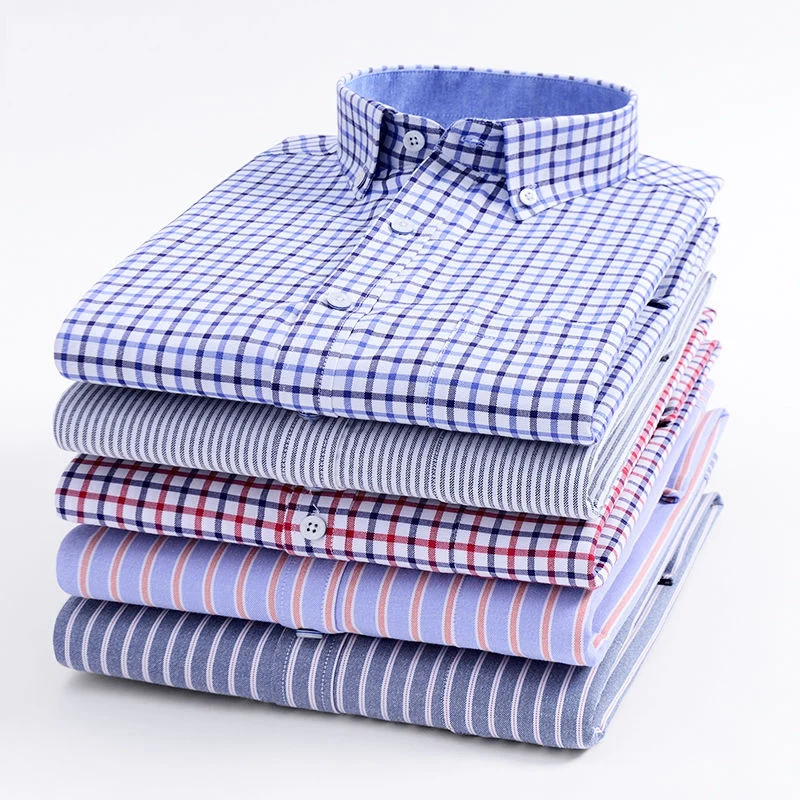 Mens Striped Plaid Oxford Long Sleeve Shirt Spinning Casual Comfortable Breathable Collar Button Design Slim Male Business Dress | Мужская