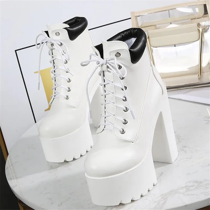 Lace Up Platform-boots White Boots 14cm Ankle Heel Boots Womens Black Shoes  Woman Boots Shoes Leather High Quality Ladies Bootie - Women's Boots -  AliExpress