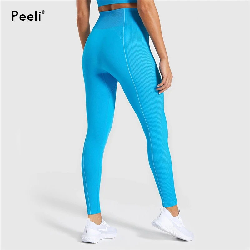 Peeli, ультра бесшовный комплект для йоги, для женщин, для тренажерного зала, укороченный топ, для контроля живота, спортивные Леггинсы, спортивный костюм для спортзала, устойчивая к приседанию, одежда для тренировок - Цвет: blue leggings