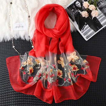 

Fashion Party Scarves Shawl Elegant Women Gray Lady Vintage Long Soft Cotton Voile Print Autumn