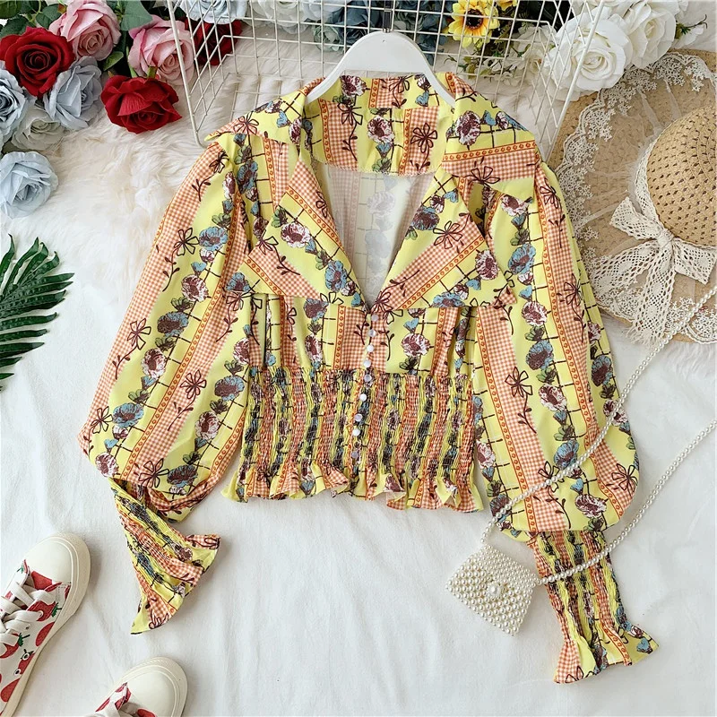 

2019 Autumn Retro Elastic Waist Shirt for Woman Long Sleeves High Waist Short Coat Temperament Print Lady Blouses Blusas