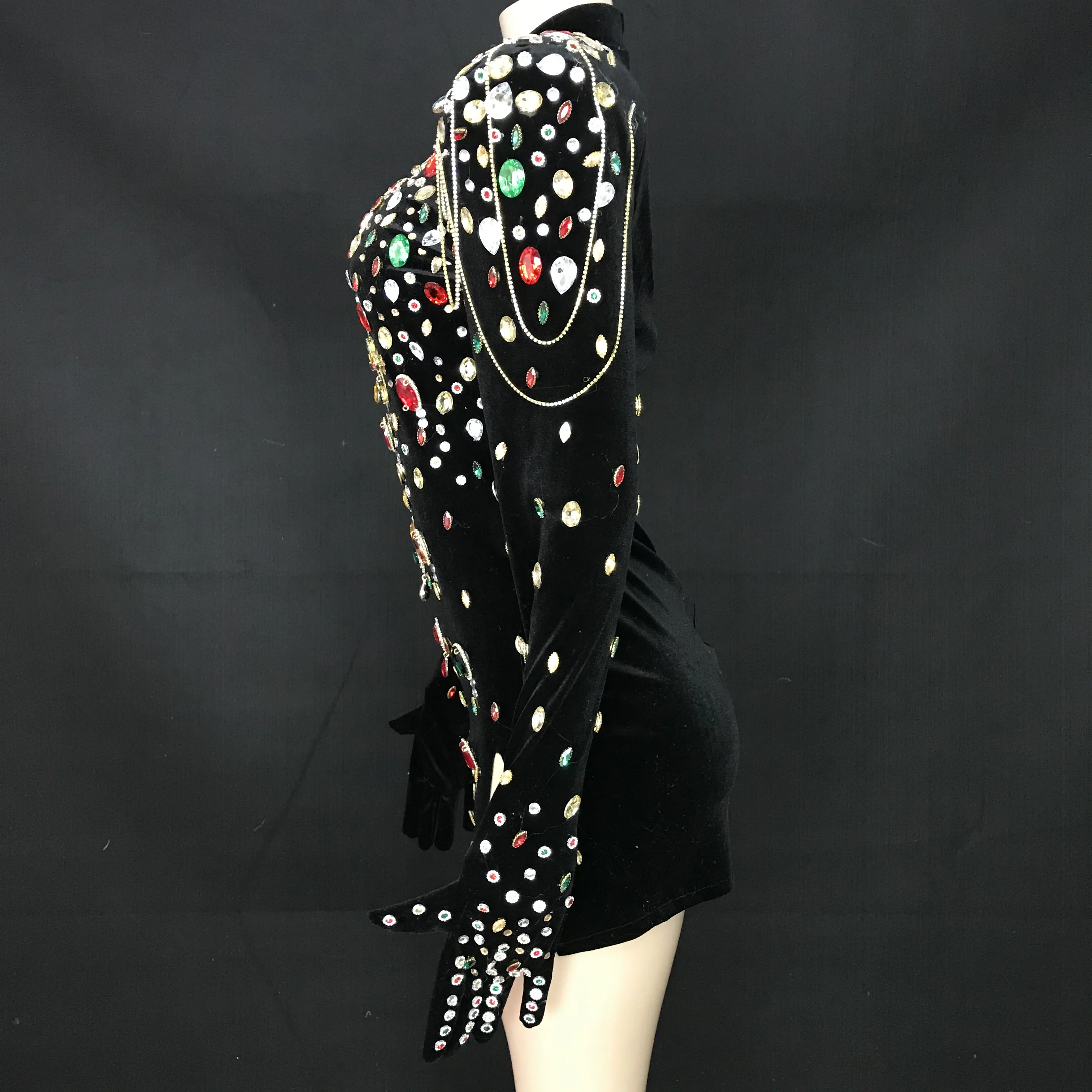 Multicolor Crystals Turtleneck Black Velvet Dress Prom Evening Sexy Crystals Dance Costume Birthday Long Sleeves Gloves Dresses