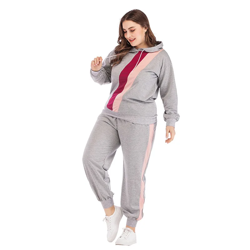 Plus Size Women Casual Set Cotton With Siamese Cap Long Trousers Sweatshirt Sets Loose Solid Grey Womens Sports Two Piece Sets