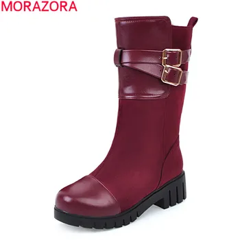 

MORAZORA Big size 33-43 2020 hot sale popular women boots comfortable med heels round toe buckle simple ankle boots black gray
