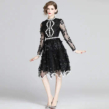 

COIGARSAM Floral Women dress Embroidery Mesh Dresses Black A081