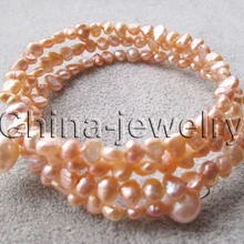DYY 914+++ красивый " 3 ряда 5-6-9мм розовый искусственный жемчуг в стиле барокко браслет