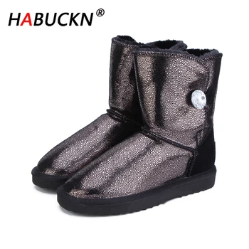

HABUCKN Women winter Horn buckle Boots Warm Genuine leather suede winter snow boots for women Snake pattern Boots large size 44
