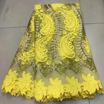 

2019 Latest African Embroidery Tulle Lace Fabrics High Quality Stones French Yellow Lace Fabric For Party Dress 5 Yards/lot