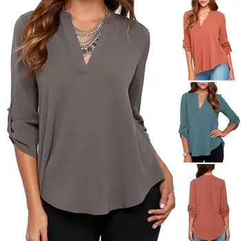 

New Plus Size Women Solid Color Deep-V Neck Long Sleeve Shirt Irregular Loose Blouse