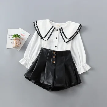 

Girl's Long Sleeve Round Neck Solid Color Shirts+PU Leather Shorts 2PCS Clothing Sets Fashion Autumn Clothing Sets
