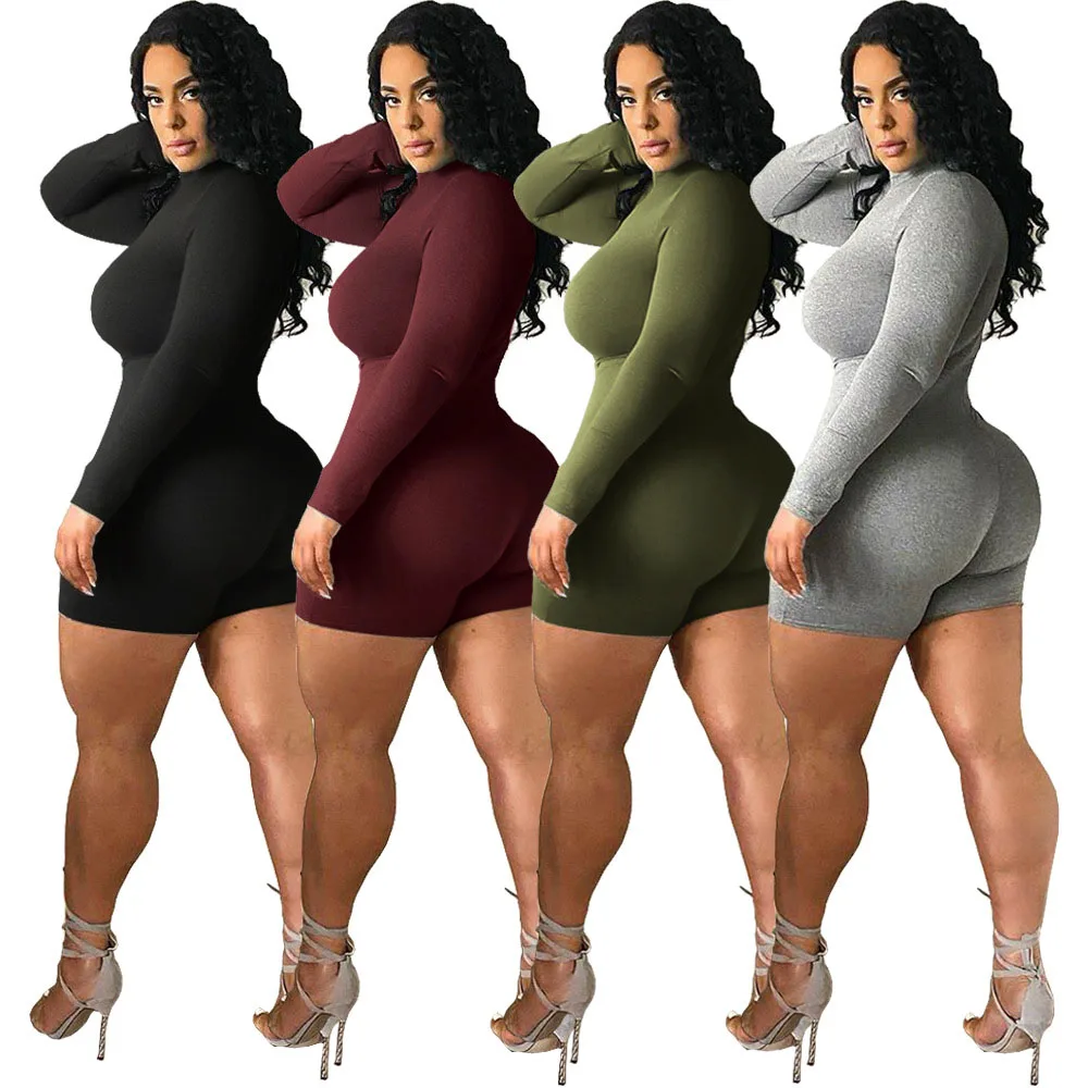 

Sports Fitness Women's Jumpsuit Playsuit with Zipper Female High Collar Long Sleeve Solid Color Bodycon Shorts Jumpsuit Rompers