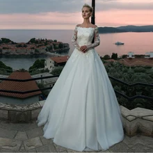 Изысканный тюль с плеча А-силуэта Свадебные платья Кружева длинный рукав аппликация Свадебные платья Vestido de Noiva индивидуальный заказ