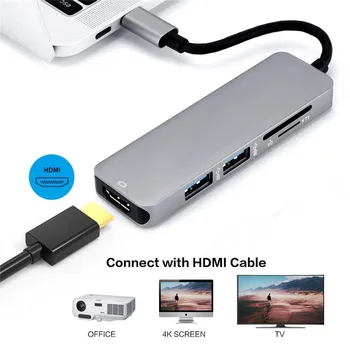 

USB C Type C Hub to HDMI 4K Adapter with 2 USB 3.0 Ports SD/TF Card Reader for MacBook Samsung S8/S9 Huawei USB C HDMI Adapter