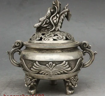 

7" Marked China Dynasty Silver Dragon Beast Head statue incense burner Censer