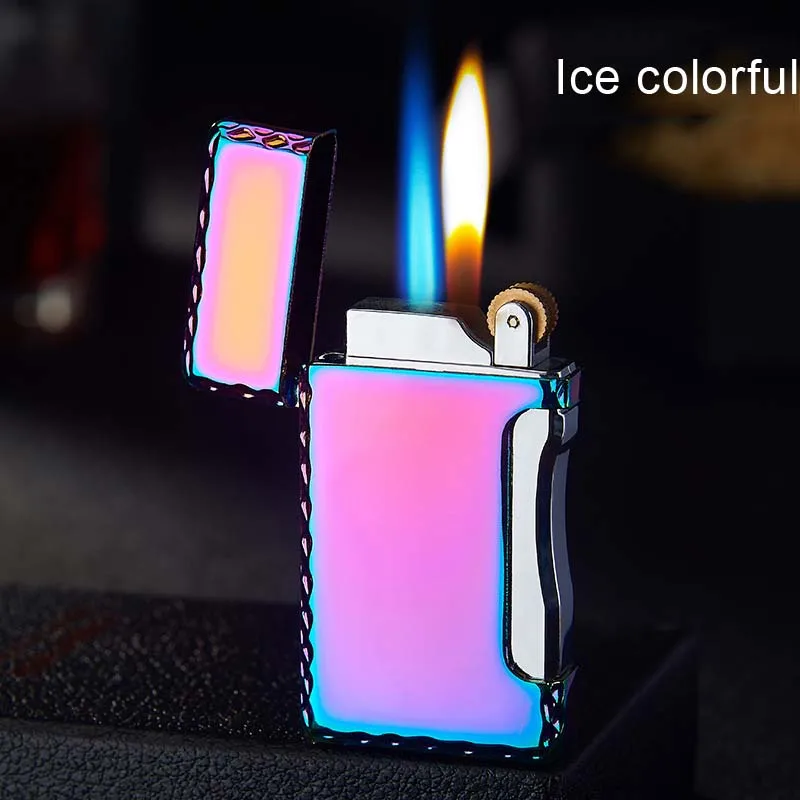 Ветрозащитный фонарь, зажигалка с двойным пламенем, прямые газовые зажигалки, металлический шлифовальный круг, зажигалка, аксессуары для сигарет для мужчин, подарки - Цвет: Ice colorful