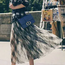 Винтажная черно-белая клетчатая длинная юбка для женщин Осенняя Женская эластичная юбка с высокой талией шифоновая плиссированная макси юбка