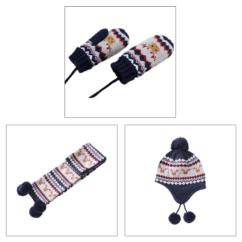 Детская зимняя шапка-ушанка с помпоном и рождественским оленем, длинный шарф, перчатки, E5BC