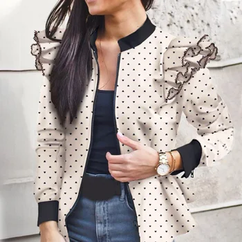 

Women Long Sleeve Stand Collar Leopard Print Jacket Open Front Camouflage Print Ruffles Shoulder Coat Zip Casual Jackets 2020
