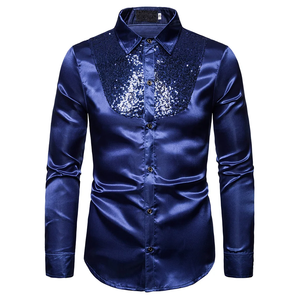 Новая мужская блестящая приталенная рубашка с отложным воротником для свадьбы, выпускного, приталенная Мужская DJ Клубная сценическая блуза - Цвет: Тёмно-синий
