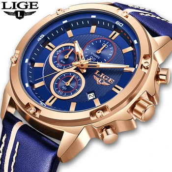 

2020 New Mens Watches LIGE Top Brand Luxury Big Dial Military Quartz Watch Casual Leather Waterproof Sport Chronograph Watch Men