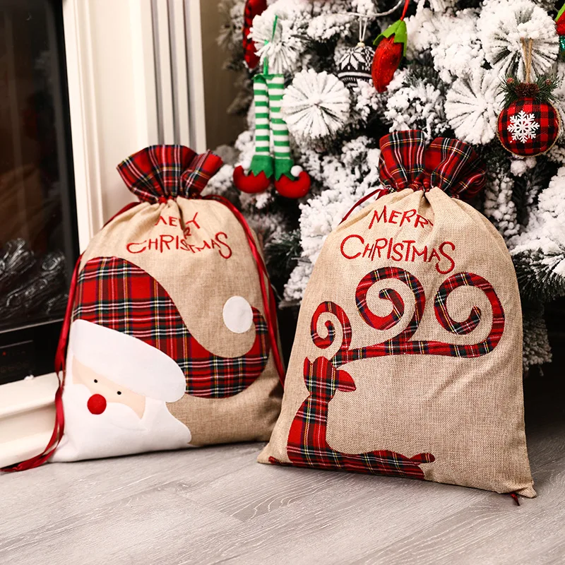 Christmas Large Candy Gift Big Bag Cute Christmas Linen Tote Bag Lattice Side Drawstring Pocket Gift for Children