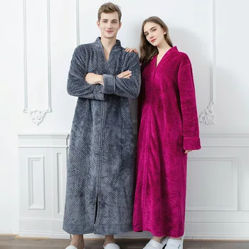 

Bath Robe Men Women Flannel Bathrobe Coral Fleece Pajamas hombre Night Dressing Gown Bride Robe With Zipper Loose Homewear
