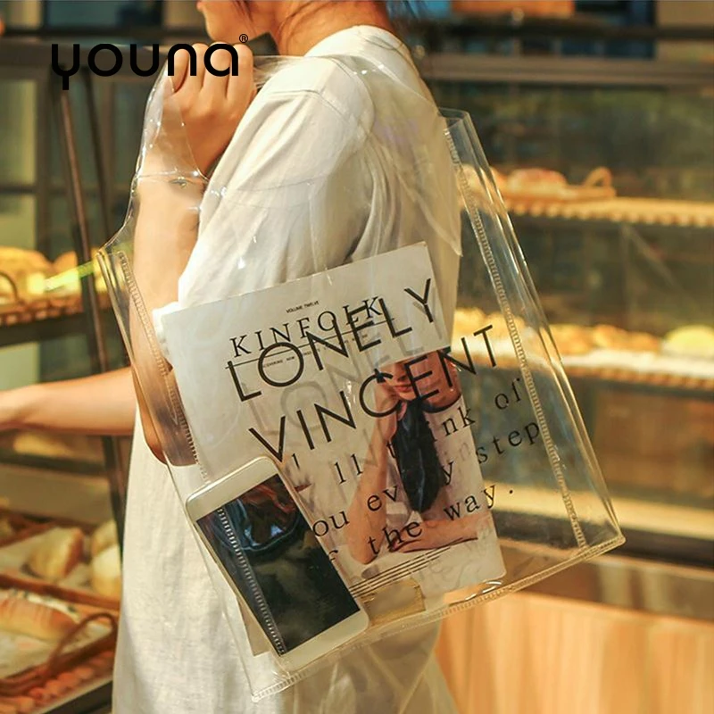 

Transparent Handbag for Shopping Travel Work Daily Use with Chain Purse Women Girl Clear PVC Beach Shoulder Bag Women Bags