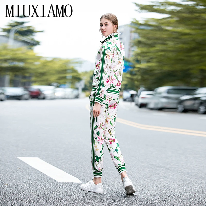 MIUXIMAO, лучшее качество, осень, офисный женский костюм-двойка, элегантный топ с длинным рукавом, роскошный+ штаны с цветочным принтом, костюмы для женщин, Vestido
