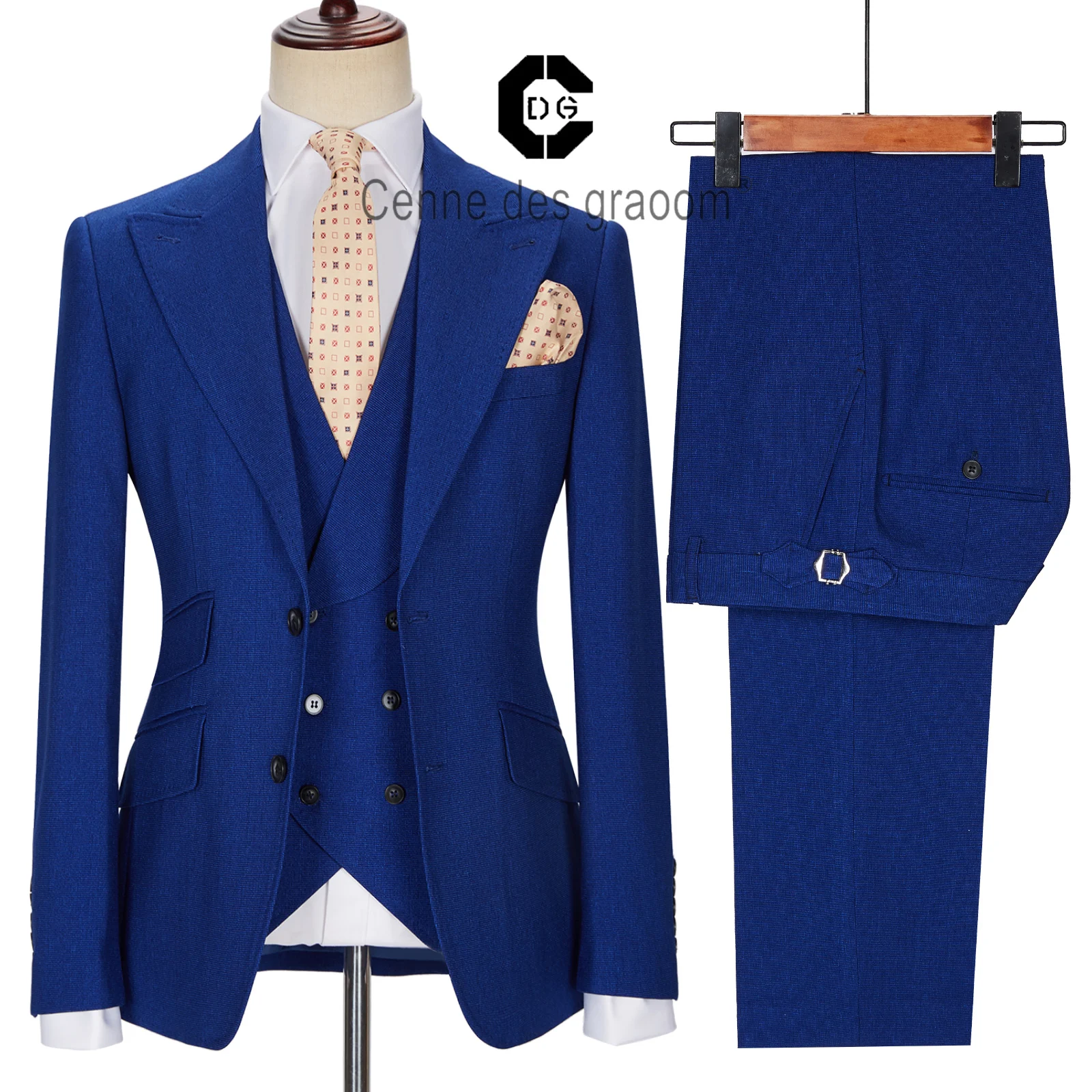 Cenne des Graoom-Fatos de negócios feitos sob medida para homens, fantasia casual, casamento formal, azul noivo, jaqueta, colete, calças, novos