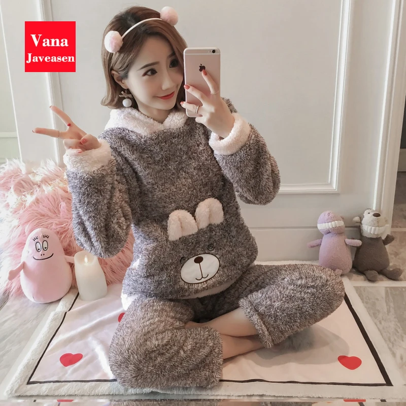 Vana Javeasen, Женский пижамный комплект с ушками, толстовка с капюшоном, мультяшный Комплект для сна, теплая фланелевая Женская одежда для сна, пижама, топы+ штаны, пижама из 2 предметов