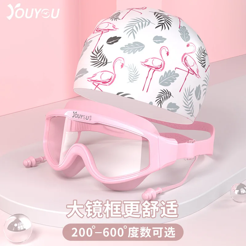 Women Men Printed Waterproof Swimming Goggles Caps Set Silicone Long Hair Large Swim Hat Natacion Diving Glasses Equipment swimming goggles,swimming cap