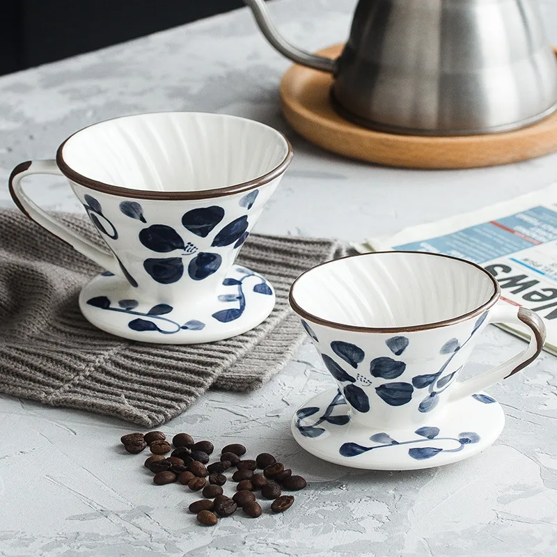 

Ceramic Coffee Dripper Hand painted Style Coffee Drip Filter Cup Permanent Pour Over Coffee Maker with Separate Stand for 1-4Cup