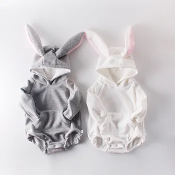 

Newborn Toddler Bunny Ears Pocket Hooded Rompers Gray White Color In Fashion Sweet Kids New Clothing Romper Clothes