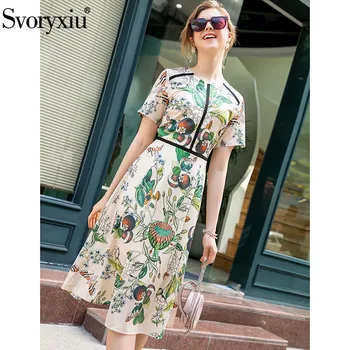 

Svoryxiu Runway Designer Summer Party Butterfly Flower Print Dresses Women's Short Sleeve High Waist Mid-Calf Dress Vestdios