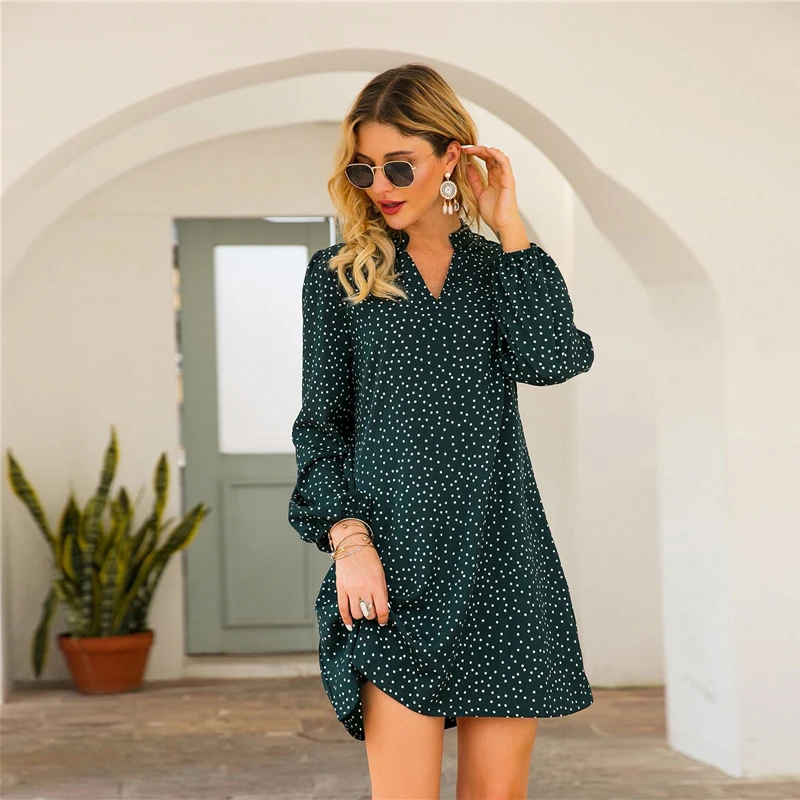 SHEIN зеленое короткое платье трапециевидной формы в горошек, женское весенне-летнее свободное Повседневное платье-туника с длинным рукавом