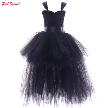 

POSH DREAM V neck Black Children Fashion Party Tutu Dresses with Train Tulle Satin Sash Kids Girls Halloween Clothes for Baby
