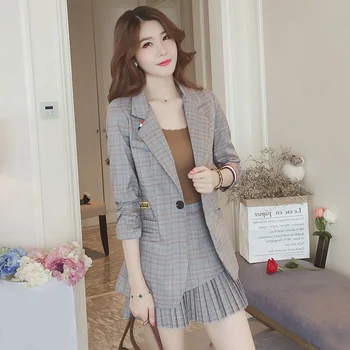 

Plaid Small Suit Set Skirt Suit Women's 2020 Spring Autumn Fashion Single Button Blazer Jacket + Pleated Skirt Two-piece Set