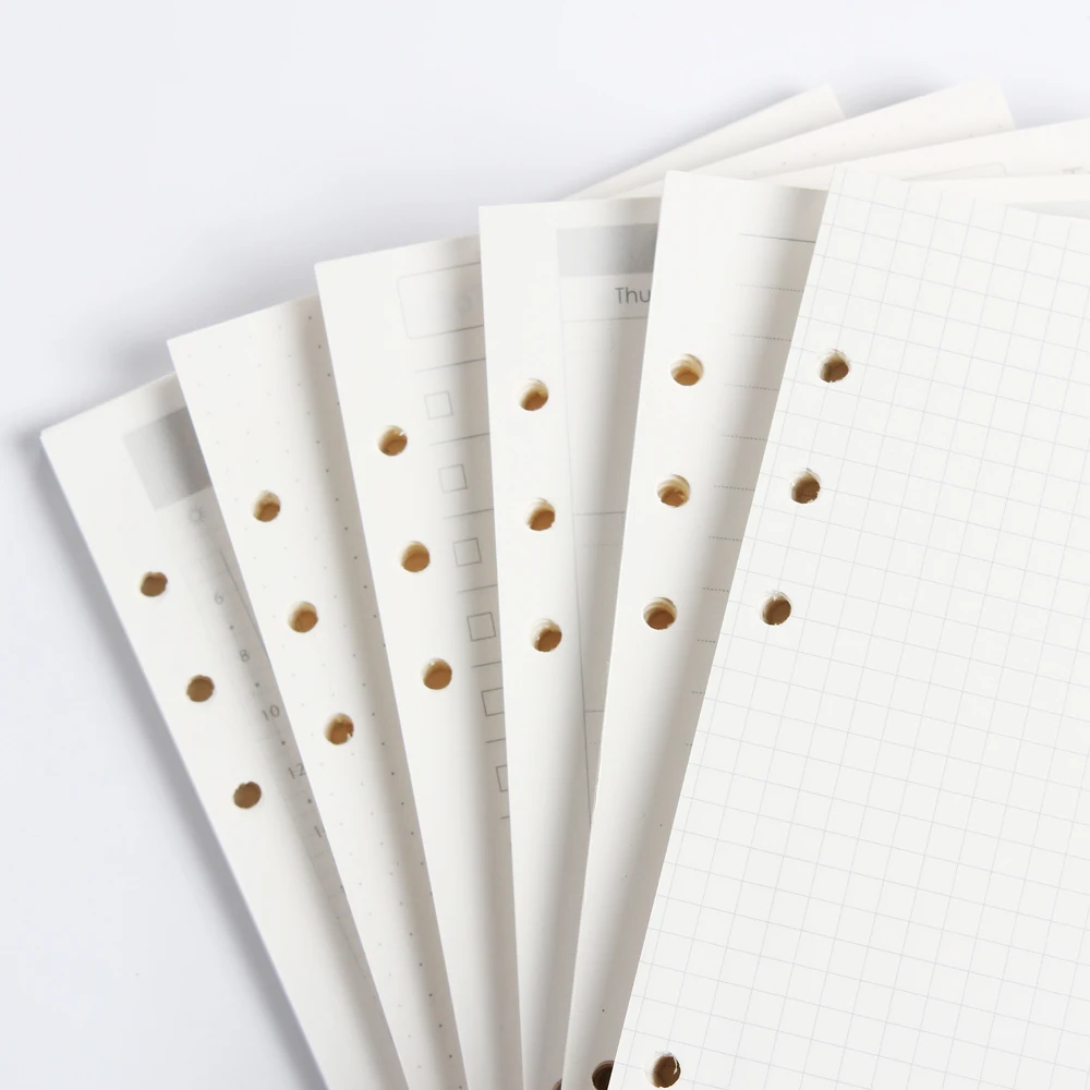 Clássico 6 buracos Binder Notebook, Inner Paper Core, reenchimento de papéis internos, linha, grade, pontos, lista, diariamente, semanalmente, mensalmente, planejador, A5, A6