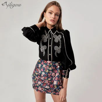 

Ailigou 2020 New Casual Patchwork Embroidery Lace Ladies Top Lapel Collar Lantern Long Sleeve Loose Shirt Women Fashion Clothing