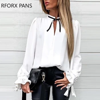 

Solid Ruffles Cuff Tied Neck Shirts Chiffon Blouse Office Lady