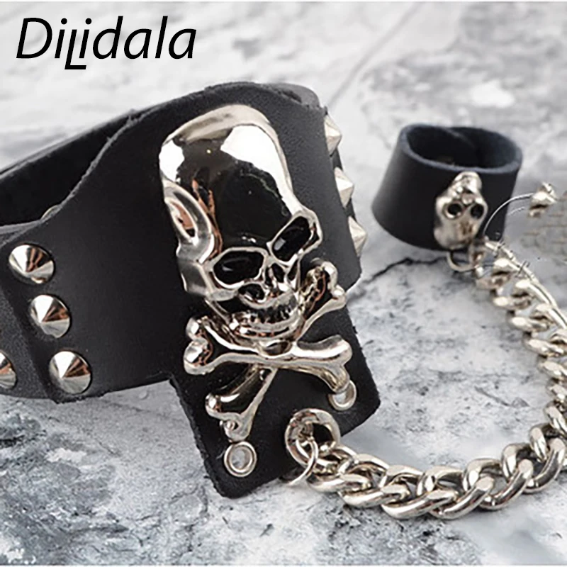 Dilidala Ring Bracelet Gloves Personality Fashion Jewelry Non-Mainstream Studded Leather Wide Bracelet Gloves