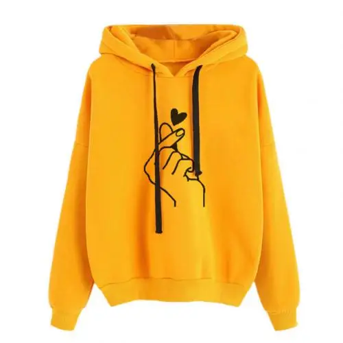 Hoodies Women Snap Finger Heart Print Long Sleeve Hooded Sweatshirt Top Casual Solid Color Sportswear S-3XL kpop худи женские - Color: Yellow