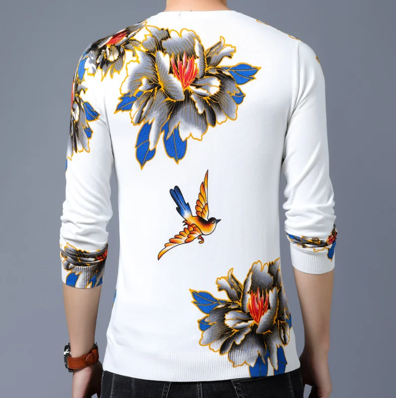Lente Nieuwe Mode Trui Erkek Kazak Bloemen Vogel Gedrukt Trui Heren Slim Fit Pull Homme Trui Heren Chompas Hombre