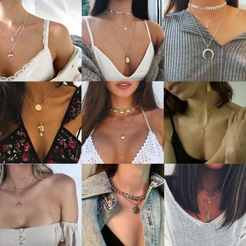 

Bohemian Multi-layer Metal Round Shell Butterfly Moon Cross Fish Necklace Choker Women Beach Fashion Simple Necklace Jewelry