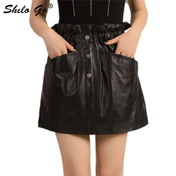 

Genuine Leather Skirt Office Lady Ruffles High Waist Single Breasted Short Skirt Women Autumn Black Causal Pocket Workwear Skirt